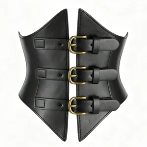 Black PU leather corset waist belt detail featuring three vintage brass metal pin buckles design.