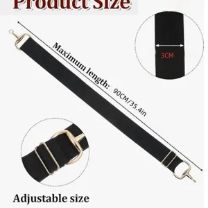 Black elastic waist belt with gold tone metal buckle, adjustable length up to 90cm long.