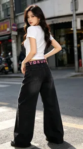 Casual stylish women's black wide leg jeans with pink rhinestone studded belt and white top.