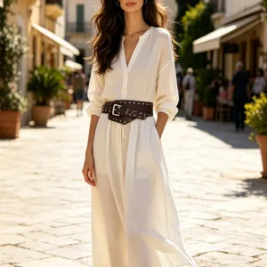 Stylish white long dress paired with wide brown rivet punk irregular waist belt detail shot