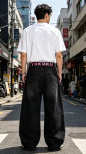 Back detail view of trendy men's rhinestone studded belt and black loose denim jeans.