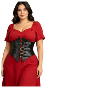 Plus size red dress with wide black PU leather corset waist belt, vintage buckle design.