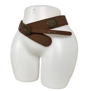 Western vintage brown wide belt with antique metal concho buckles for women fashion daily.