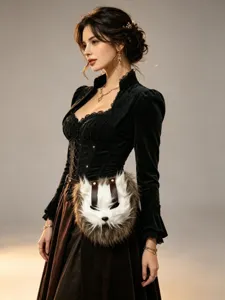 Gothic Steampunk Cosplay Outfit Detail, Samtjacke und pelzige Fuchstaille Zubehörtasche.