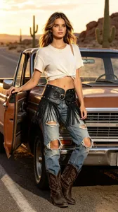Vintage leather wide belt with fringe and brass studs, perfect for western cowboy denim outfits.