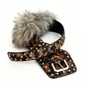 Y2K leopard print wide belt with plush faux fur and metal rivets, punk style retro leather belt.