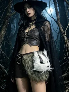Detail der gotischen Punk Cosputasche, plüschiges Kunstfell Fuchs Halloween Accessoire.