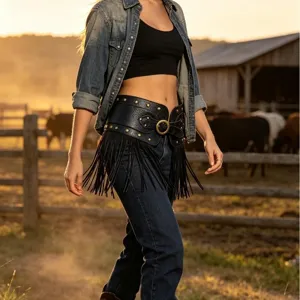 Vintage wide fringe leather waist belt with metal studs and brass buckle for women western style