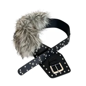 Y2K punk wide belt with faux fur, black leather and metal rivets for trendy women.