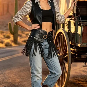 Vintage wide leather waist belt with metal studs and fringe, perfect for western cowgirl outfits.