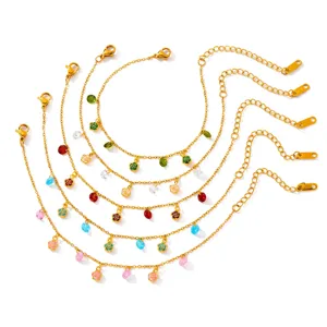 Stainless steel colorful floral crystal chain bracelet set, fashion jewelry detail view.