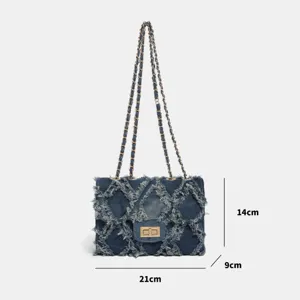 Women denim quilted chain shoulder bag fashion casual crossbody bag with flap and metal lock