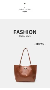 Vista di dettaglio della borsa tote in pelle PU marrone, morbida consistenza stile casual.