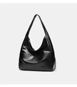 Black large capacity hobo shoulder bag, soft faux leather tote, casual daily handbag.