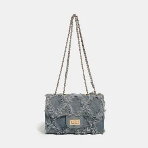 Denim frayed chain shoulder bag chic vintage style diamond lattice crossbody bag for women