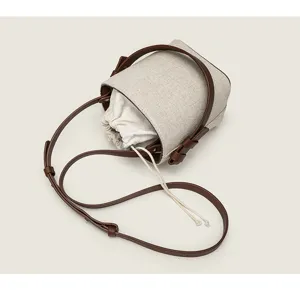 Leinwand Eimer Tasche Damen stilvolle Umhängetasche Schultertasche mit braunen Lederriemen