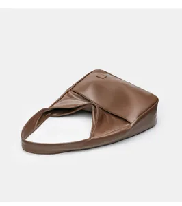 Brown PU leather shoulder bag for women, classic hobo style handbag with wide strap.