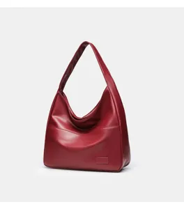 Vintage red leather shoulder bag, large capacity hobo tote for women, elegant daily handbag.