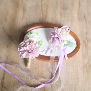 Artificial carnation wrist flower boutonniere set pink wedding bridesmaid floral accessory