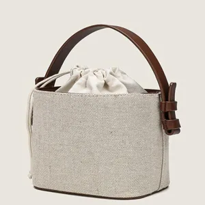 Segeltuch Eimer Tasche Damen einfarbig Handtasche mit braunem Ledergriff und Kordelzugverschluss