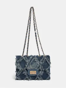 Women Fashion Denim Quilted Crossbody Bag Vintage Chic Chain Shoulder Bag Casual Commuter Flap Bag With Turn-Lock