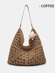 Modische Strohgewebe Schulter Tote Tasche in Kaffeebraun, große Strand Urlaub Tasche.