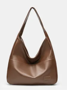 Brown PU leather hobo shoulder bag, large capacity casual daily tote bag for women.