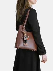 Femme sac cabas en cuir marron avec joli porte-clés lapin grand capacité sac épaule
