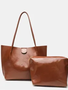 Borsa a shopper in pelle PU marrone da donna, grande capacità borsa a spalla elegante.