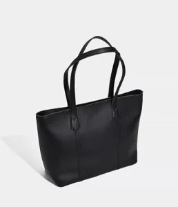 Classic black tote bag detail, minimalist PU leather daily shoulder handbag design.