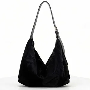 Schwarze Samt Hobo Schultertasche für Damen, große Wildleder Tote Tasche für Herbst und Winter.