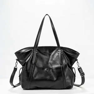 Bolso tote clásico de cuero PU negro, bolso de hombro cruzado retro de gran capacidad.