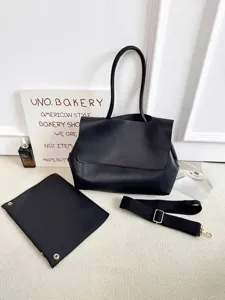 Retro schwarze Leder-Shopper Handtasche mit großem Fassungsvermögen, Umhängetasche Detail.