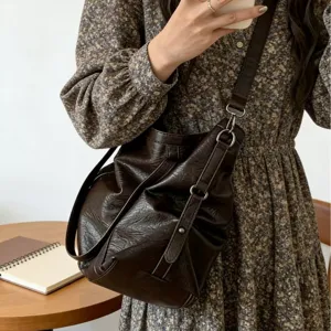 Bolso bandolera retro de cuero PU marrón para mujer, bolso tote suave de gran capacidad