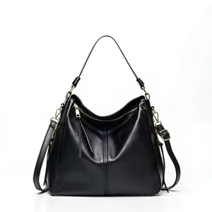 Sac hobo souple en cuir noir pour femme, grand sac à bandoulière rétro de grande capacité.