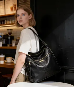 Schwarze Damen Umhängetasche aus weichem Leder, große Hobo Bag mit mehreren Reißverschlüssen.