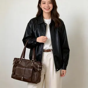 Vintage καφέ δερμάτινη τσάντα tote για γυναίκες, μεγάλη τσάντα ώμου για καθημερινή χρήση.