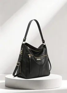 Elegante schwarze weiche Leder Damentasche, vielseitige grosse Schulter Umhaengetasche.
