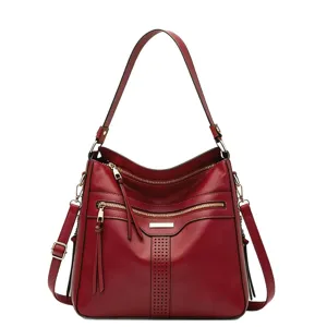 Rote weiche Leder Schultertasche mit grosser Kapazitaet Umhaengetasche Reissverschluss Damen