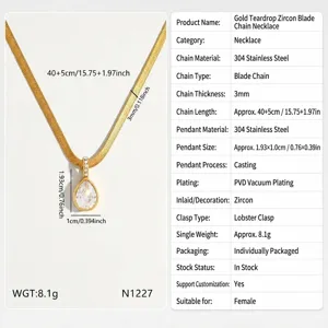 Gold waterdrop zircon snake chain necklace, 304 stainless steel, elegant jewelry for women.