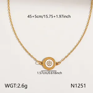 Goldener Titanstahl Halskette Eleganter runder Anhänger Damen Modeschmuck Geschenk