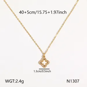 Edelstahldraht Gold Kette mit glänzendem Kleeblatt Anhänger, elegantes Mode Schmuck Zubehör.
