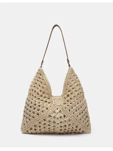 Beige Stroh gewebte Hobo Umhängetasche, große Kapazität Sommer Strand Urlaub Tasche.