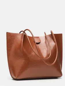 Borsa shopper morbida in pelle PU marrone da donna, grande capacità borsa a spalla casual