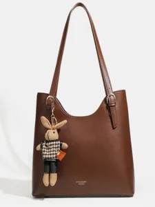 Grand Sac Cabas en Cuir Marron pour Femme Élégant Sac à Épaule avec Pendentif Lapin