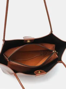 Borsa shopper in pelle PU marrone con pochette interna con zip, grande borsa donna.