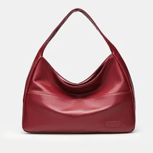 Red large capacity vintage leather hobo shoulder bag for women, stylish everyday tote.