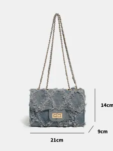 Denim chain shoulder bag for women, vintage quilted crossbody bag with metal strap.