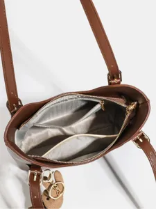 Sac cabas bandoulière marron pour femme en cuir PU grand sac fourre-tout avec pendentif ours