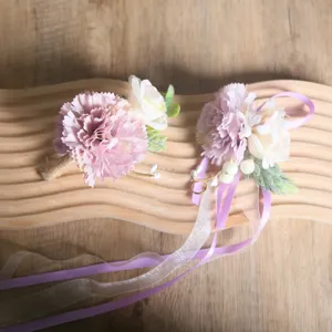 Artificial Carnation Flower Boutonniere Wrist Corsage Set Wedding Groom Bridesmaid Floral Accessories Pink Blue